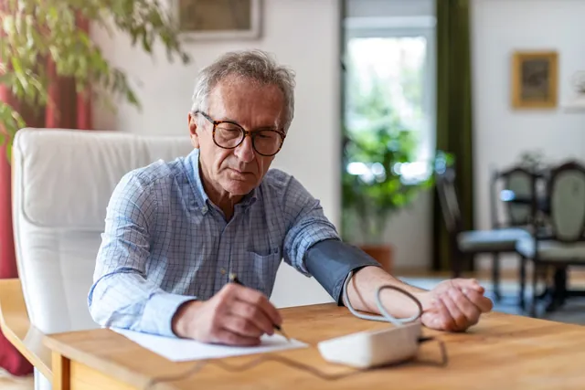 A man taking his blood pressure at home with an upper-arm monitor